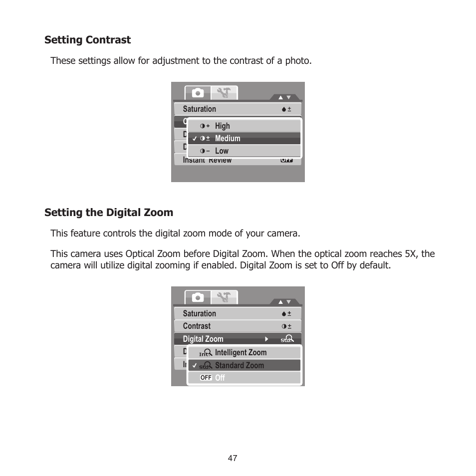 Setting contrast, Setting the digital zoom, Setting contrast setting the digital zoom | HP PW550 User Manual | Page 58 / 93
