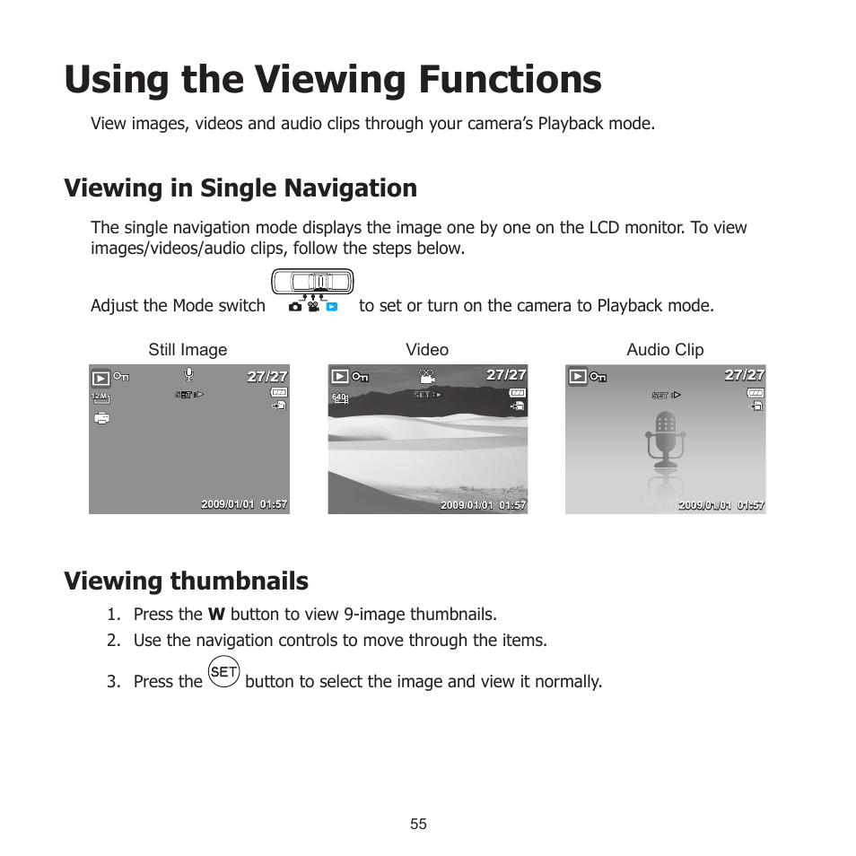 Using the viewing functions, Viewing in single navigation, Viewing thumbnails | Viewing in single navigation viewing thumbnails | HP PW550 User Manual | Page 66 / 93