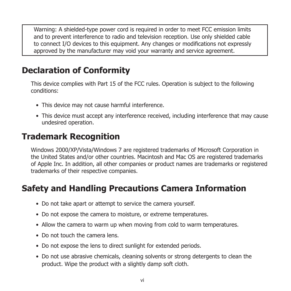 Declaration of conformity, Trademark recognition, Safety and handling precautions camera information | HP PW550 User Manual | Page 8 / 93