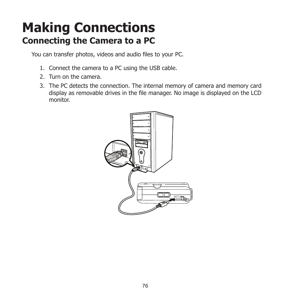 Making connections, Connecting the camera to a pc | HP PW550 User Manual | Page 87 / 93