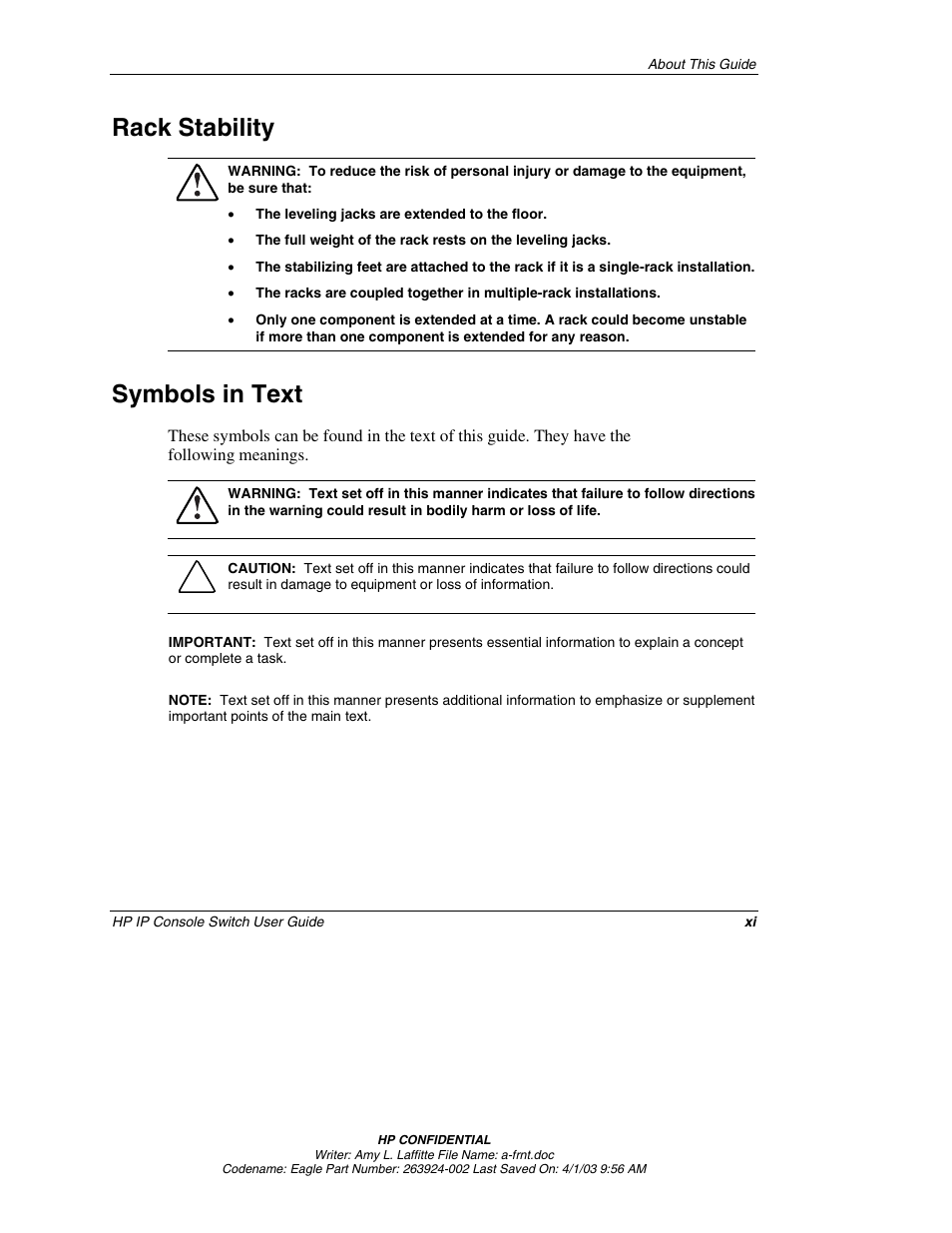 Rack stability, Symbols in text | HP 263924-002 User Manual | Page 10 / 135