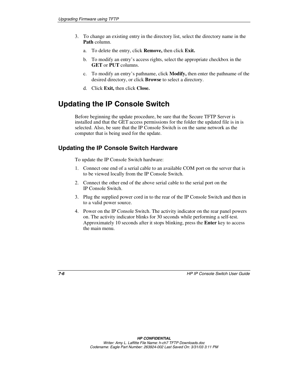 Updating the ip console switch, Updating the ip console switch hardware, Updating the ip console switch -6 | Updating the ip console switch hardware -6 | HP 263924-002 User Manual | Page 101 / 135