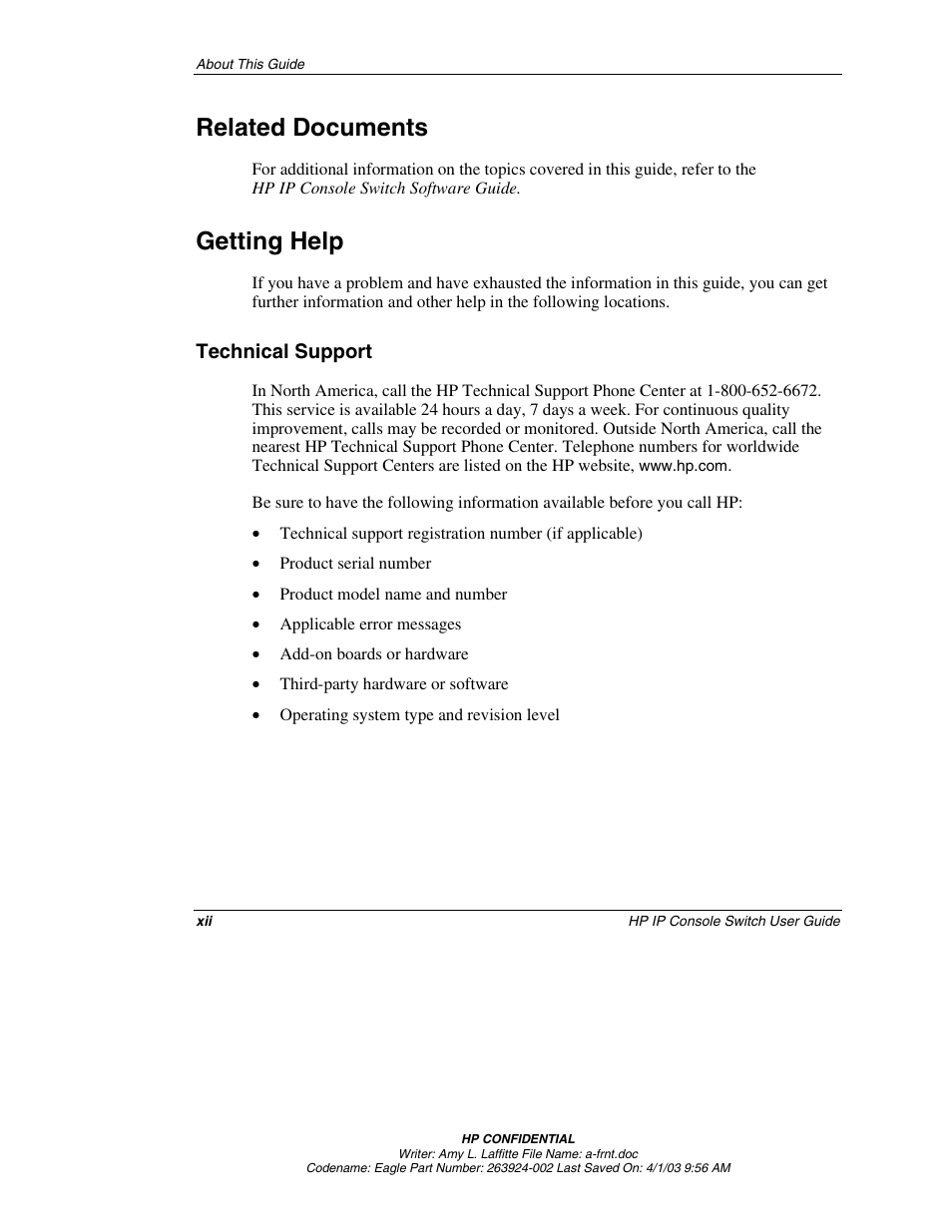 Related documents, Getting help, Technical support | HP 263924-002 User Manual | Page 11 / 135