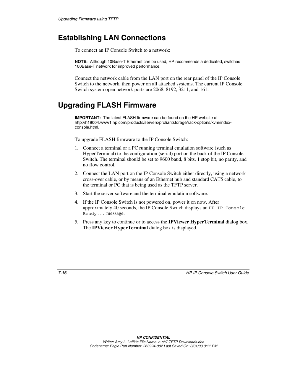 Establishing lan connections, Upgrading flash firmware, Establishing lan connections -16 | Upgrading flash firmware -16 | HP 263924-002 User Manual | Page 111 / 135
