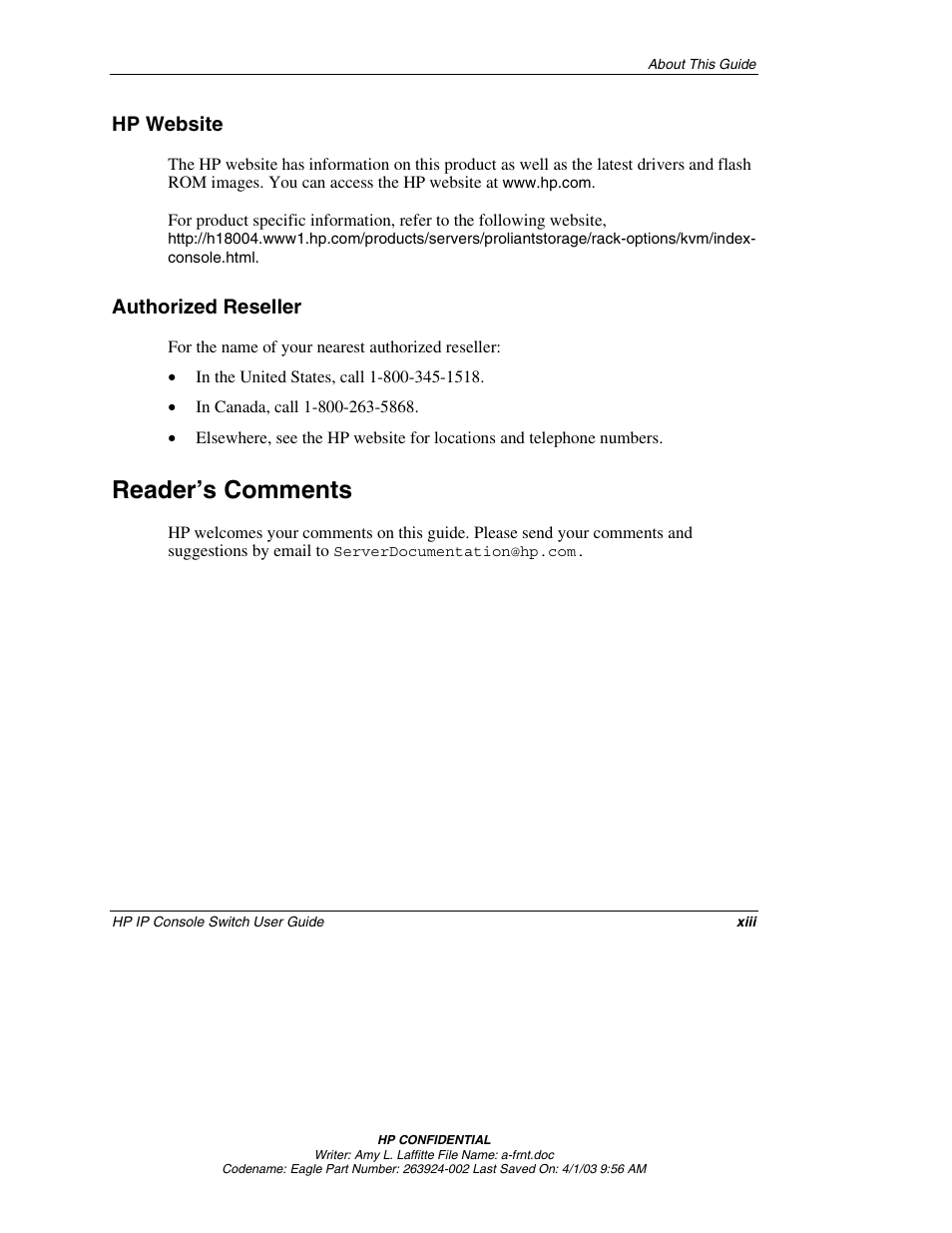 Hp website, Authorized reseller, Reader’s comments | HP 263924-002 User Manual | Page 12 / 135