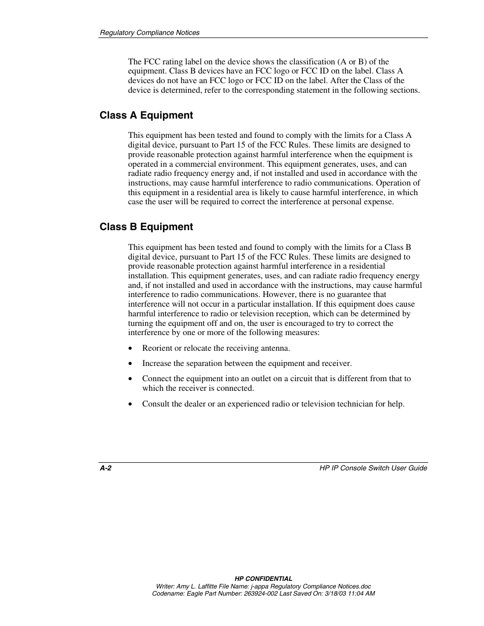 Class a equipment, Class b equipment | HP 263924-002 User Manual | Page 122 / 135