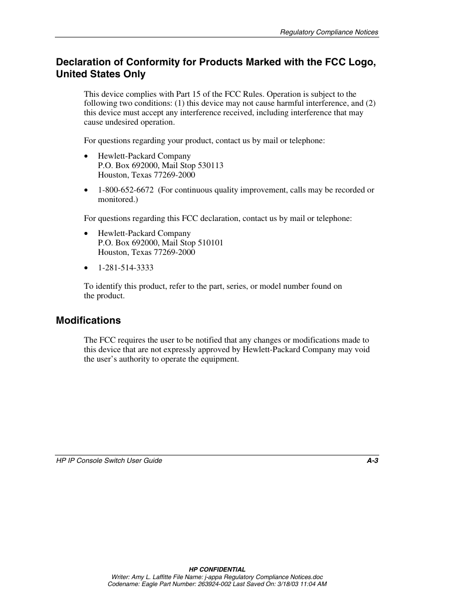 Modifications | HP 263924-002 User Manual | Page 123 / 135