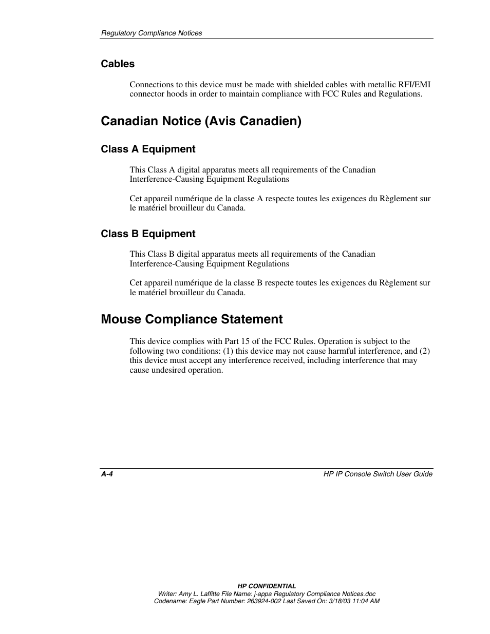 Cables, Canadian notice (avis canadien), Class a equipment | Class b equipment, Mouse compliance statement | HP 263924-002 User Manual | Page 124 / 135