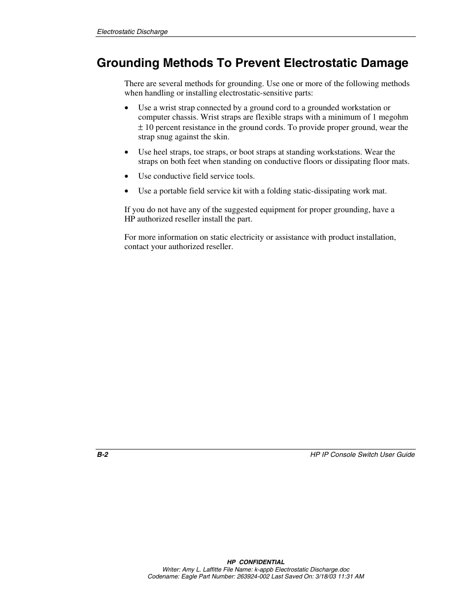 Grounding methods to prevent electrostatic damage | HP 263924-002 User Manual | Page 128 / 135