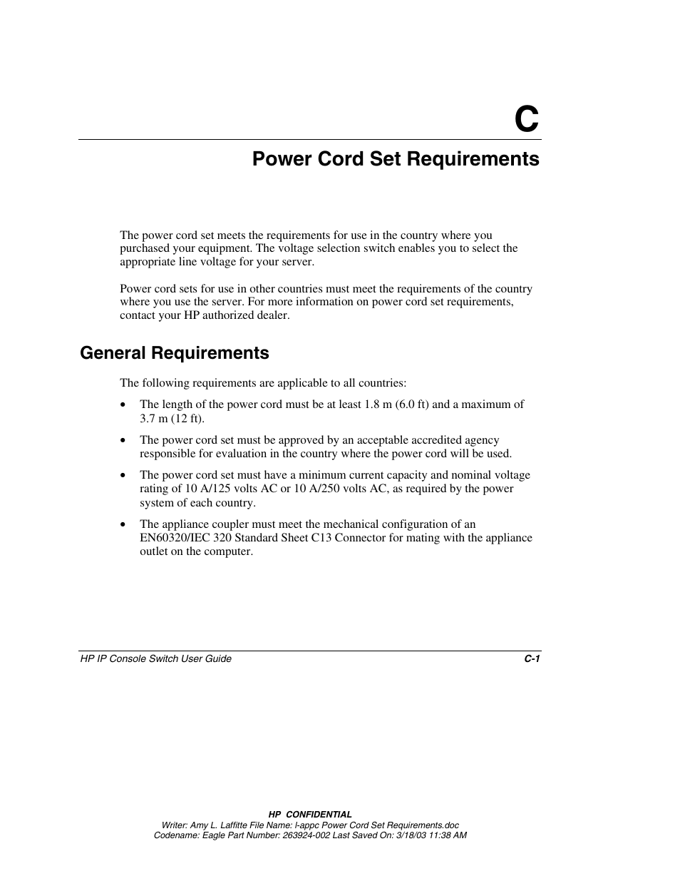 Appendix c: power cord set requirements, General requirements, Appendix c | Power cord set requirements | HP 263924-002 User Manual | Page 129 / 135