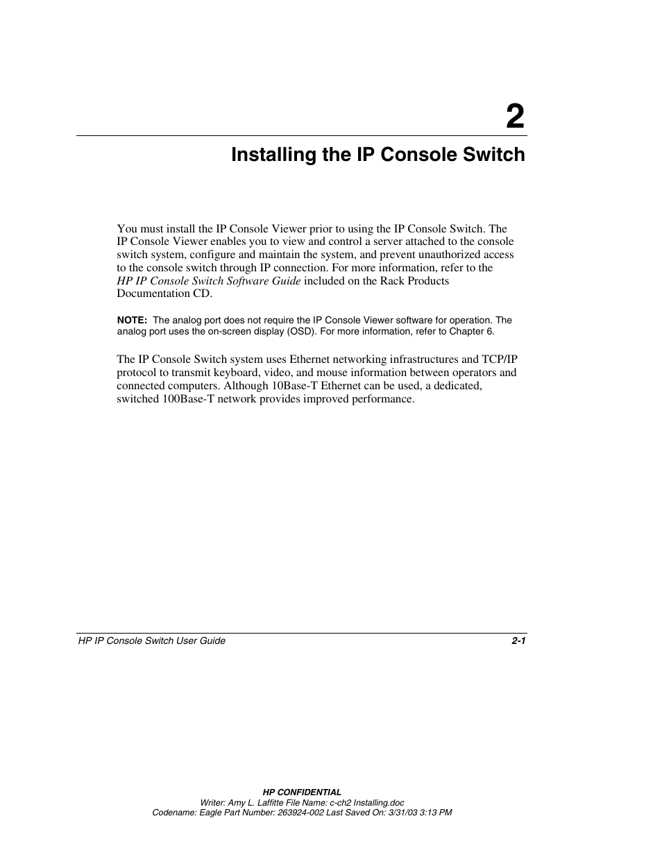 Chapter 2: installing the ip console switch, Chapter 2, Installing the ip console switch | HP 263924-002 User Manual | Page 18 / 135