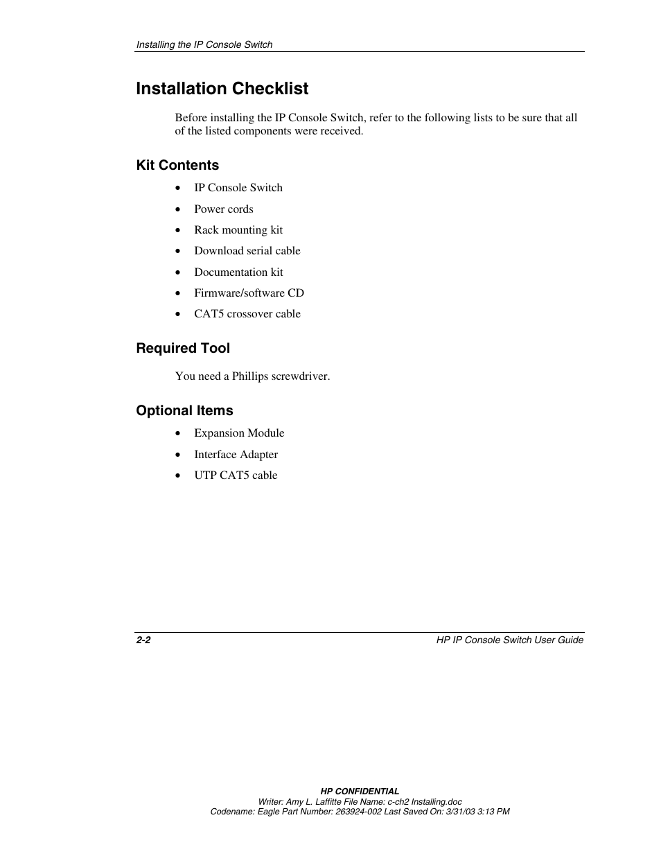 Installation checklist, Kit contents, Required tool | Optional items, Installation checklist -2, Kit contents -2, Required tool -2, Optional items -2 | HP 263924-002 User Manual | Page 19 / 135