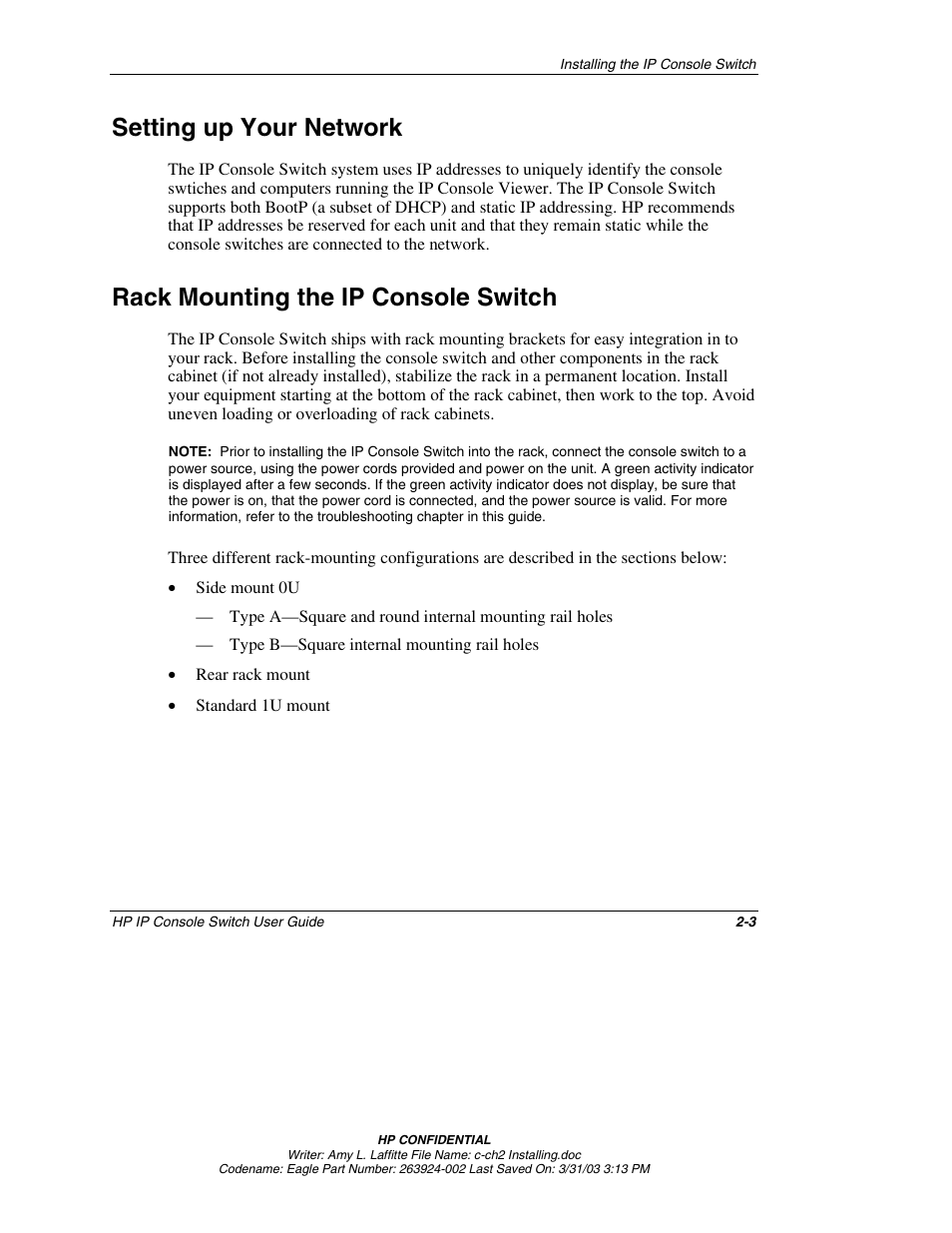 Setting up your network, Rack mounting the ip console switch, Setting up your network -3 | Rack mounting the ip console switch -3 | HP 263924-002 User Manual | Page 20 / 135