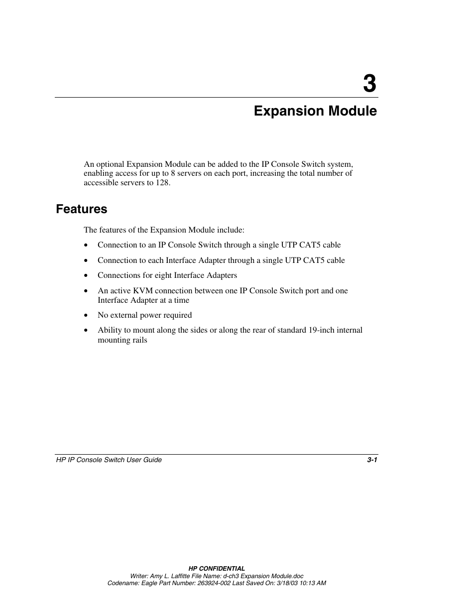 Chapter 3: expansion module, Features, Chapter 3 | Expansion module, Features -1 | HP 263924-002 User Manual | Page 38 / 135