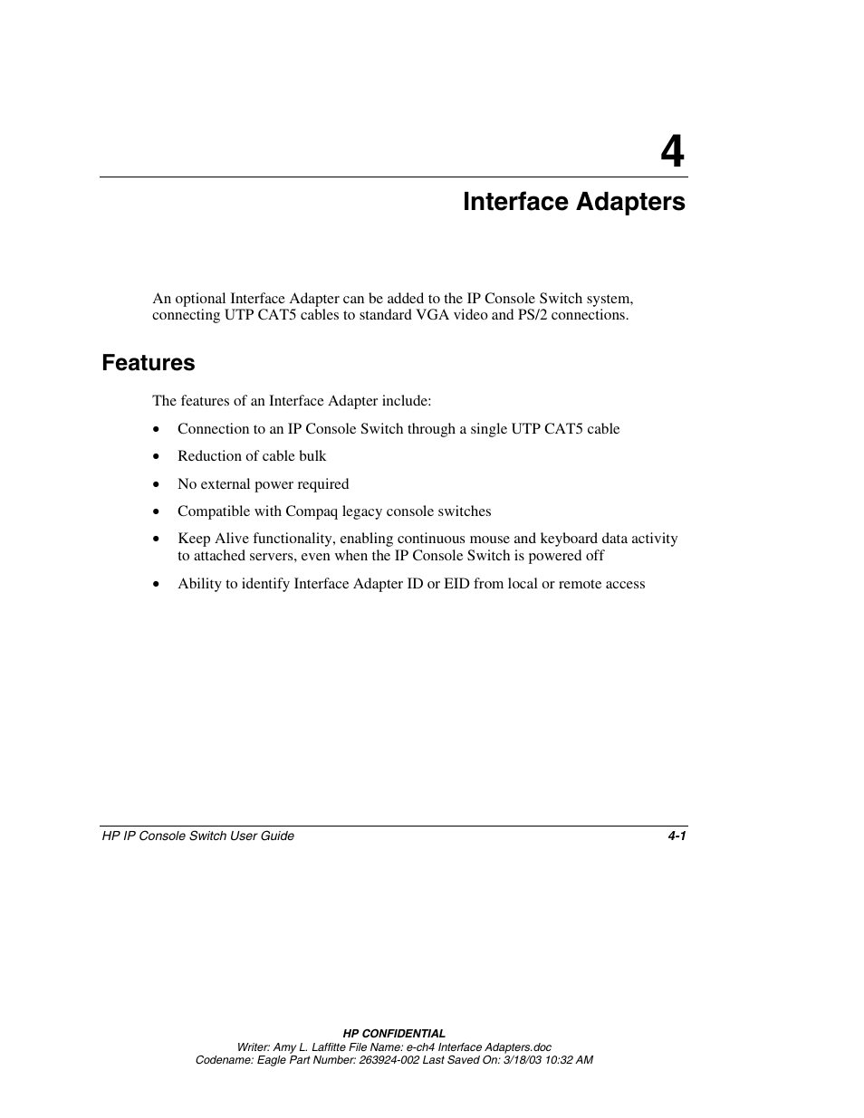 Chapter 4: interface adapters, Features, Chapter 4 | Interface adapters, Features -1 | HP 263924-002 User Manual | Page 46 / 135