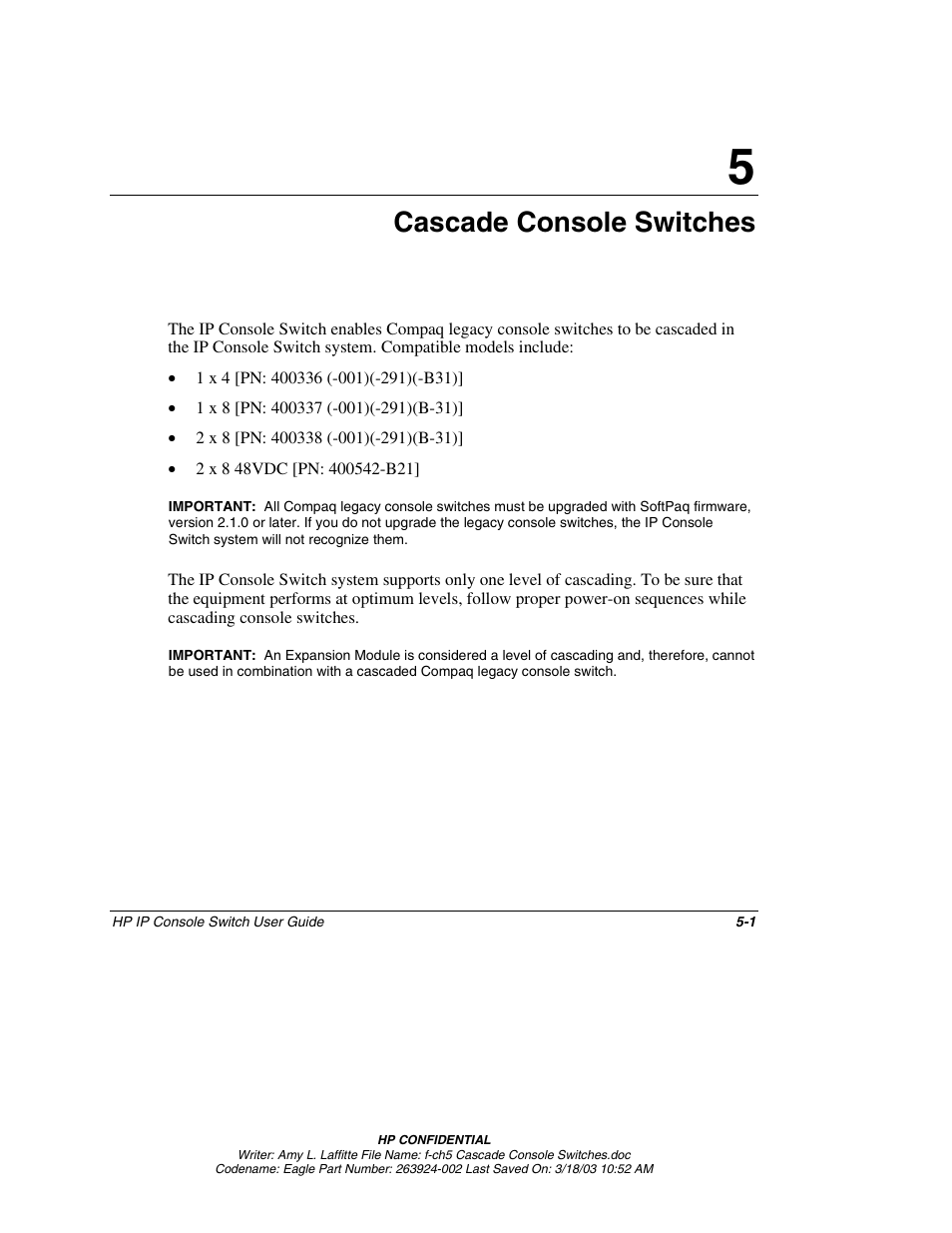 Chapter 5: cascade console switches, Chapter 5, Cascade console switches | HP 263924-002 User Manual | Page 49 / 135