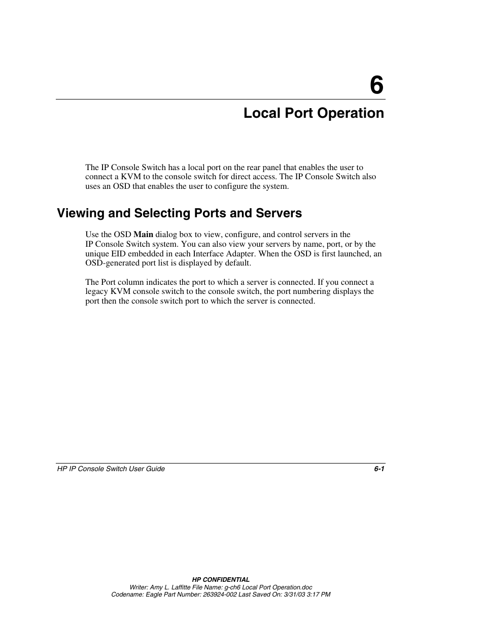 Chapter 6: local port operation, Viewing and selecting ports and servers, Chapter 6 | Local port operation, Viewing and selecting ports and servers -1 | HP 263924-002 User Manual | Page 52 / 135