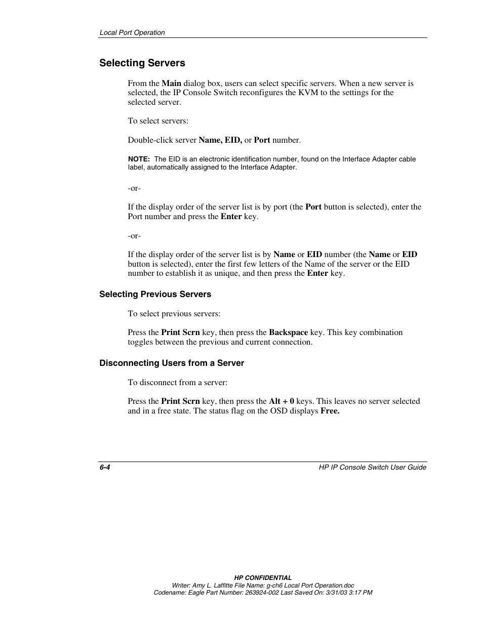 Selecting servers, Selecting previous servers, Disconnecting users from a server | Selecting servers -4 | HP 263924-002 User Manual | Page 55 / 135
