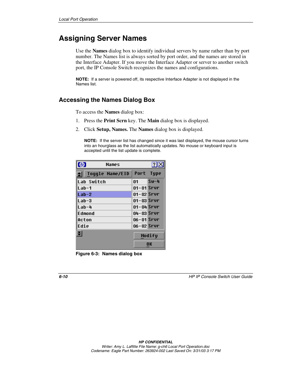 Assigning server names, Accessing the names dialog box, Assigning server names -10 | Accessing the names dialog box -10 | HP 263924-002 User Manual | Page 61 / 135