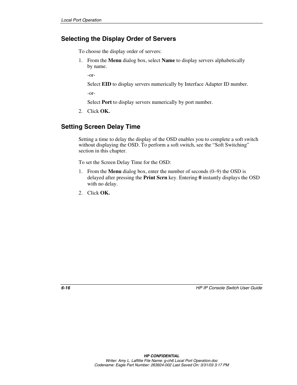 Selecting the display order of servers, Setting screen delay time, Selecting the display order of servers -16 | Setting screen delay time -16 | HP 263924-002 User Manual | Page 67 / 135