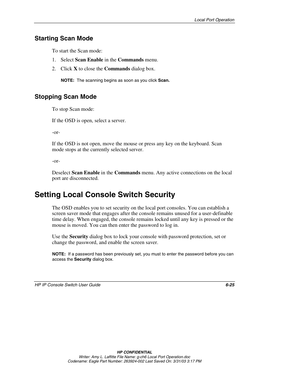 Starting scan mode, Stopping scan mode, Setting local console switch security | Starting scan mode -25, Stopping scan mode -25, Setting local console switch security -25 | HP 263924-002 User Manual | Page 76 / 135