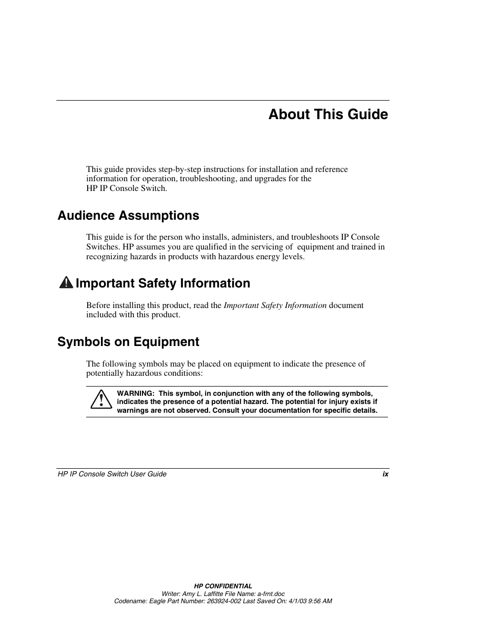 About this guide, Audience assumptions, Important safety information | Symbols on equipment | HP 263924-002 User Manual | Page 8 / 135