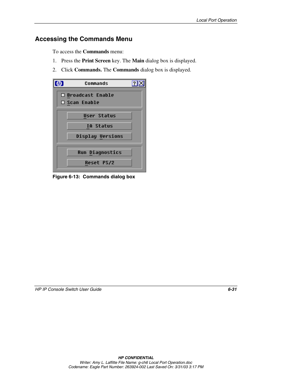 Accessing the commands menu, Accessing the commands menu -31 | HP 263924-002 User Manual | Page 82 / 135