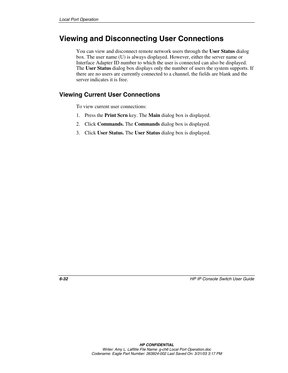 Viewing and disconnecting user connections, Viewing current user connections, Viewing and disconnecting user connections -32 | Viewing current user connections -32 | HP 263924-002 User Manual | Page 83 / 135