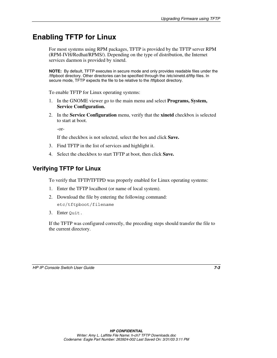 Enabling tftp for linux, Verifying tftp for linux, Enabling tftp for linux -3 | Verifying tftp for linux -3 | HP 263924-002 User Manual | Page 98 / 135