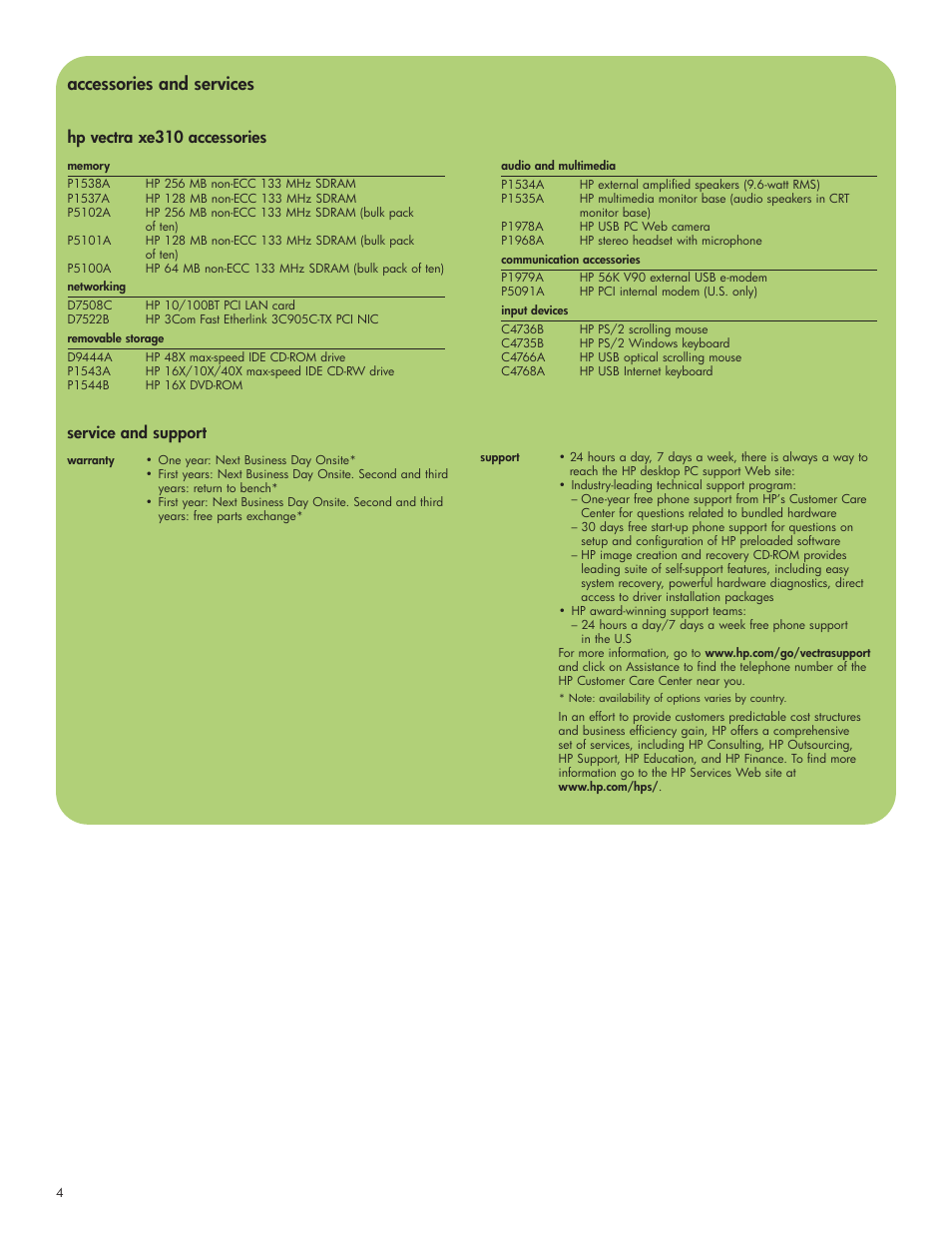 Accessories and services, Hp vectra xe310 accessories, Service and support | HP xe310 User Manual | Page 4 / 12