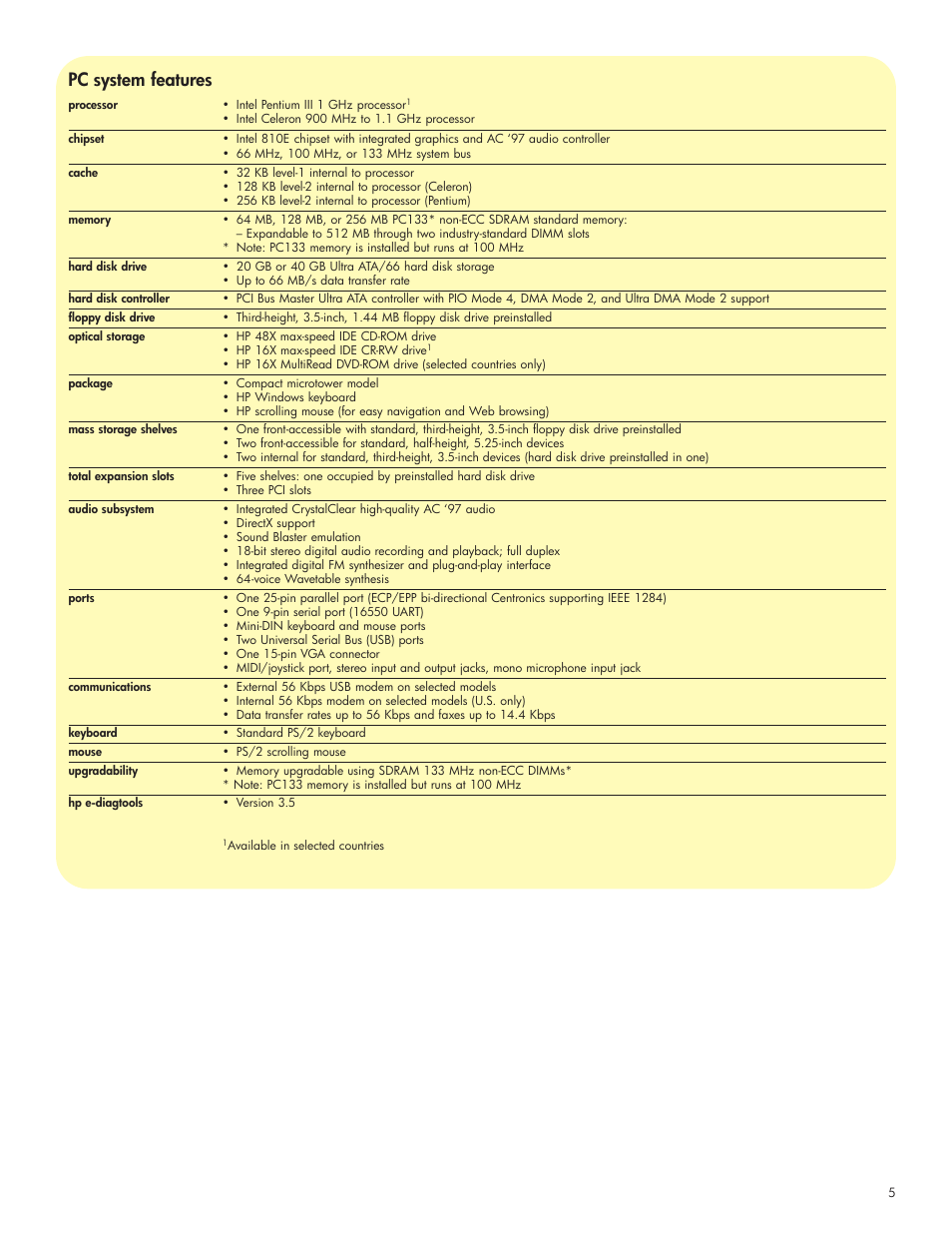 Pc system features | HP xe310 User Manual | Page 5 / 12