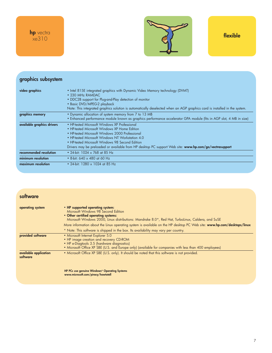 Hp vectra xe310 flexible, Graphics subsystem, Software | HP xe310 User Manual | Page 7 / 12