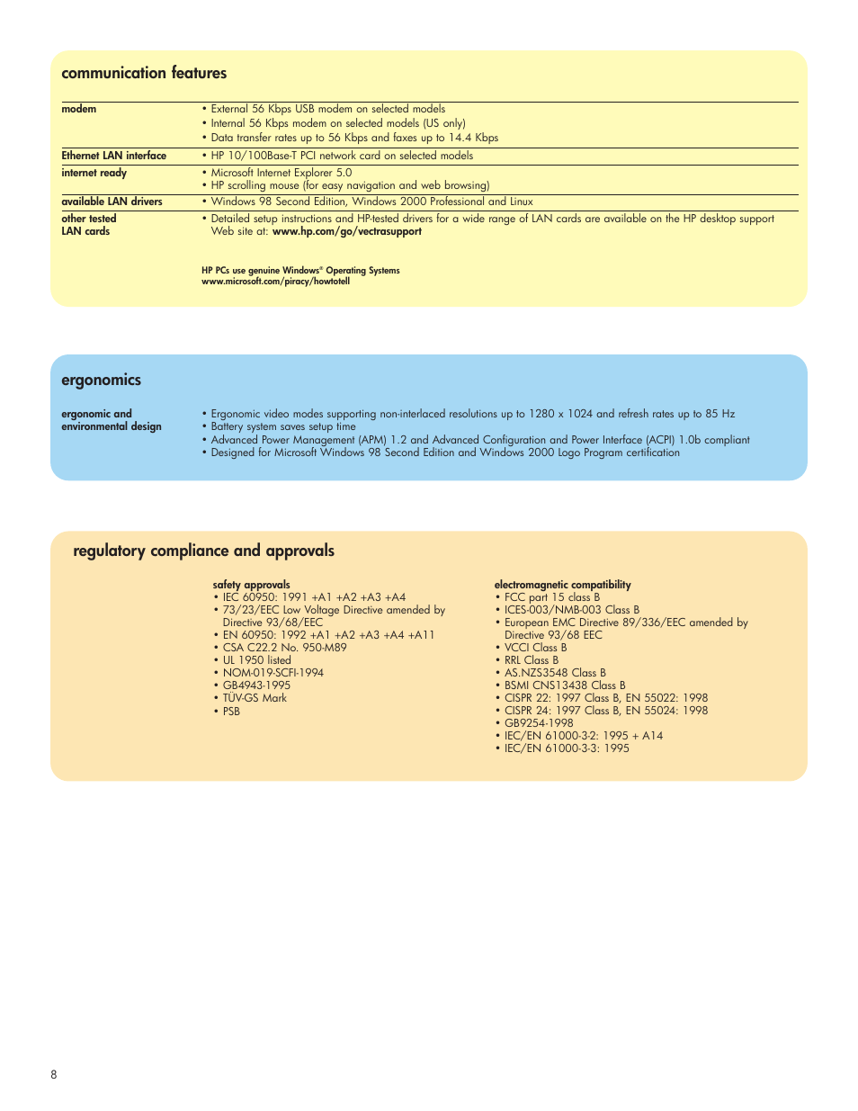 Communication features, Ergonomics, Regulatory compliance and approvals | HP xe310 User Manual | Page 8 / 12