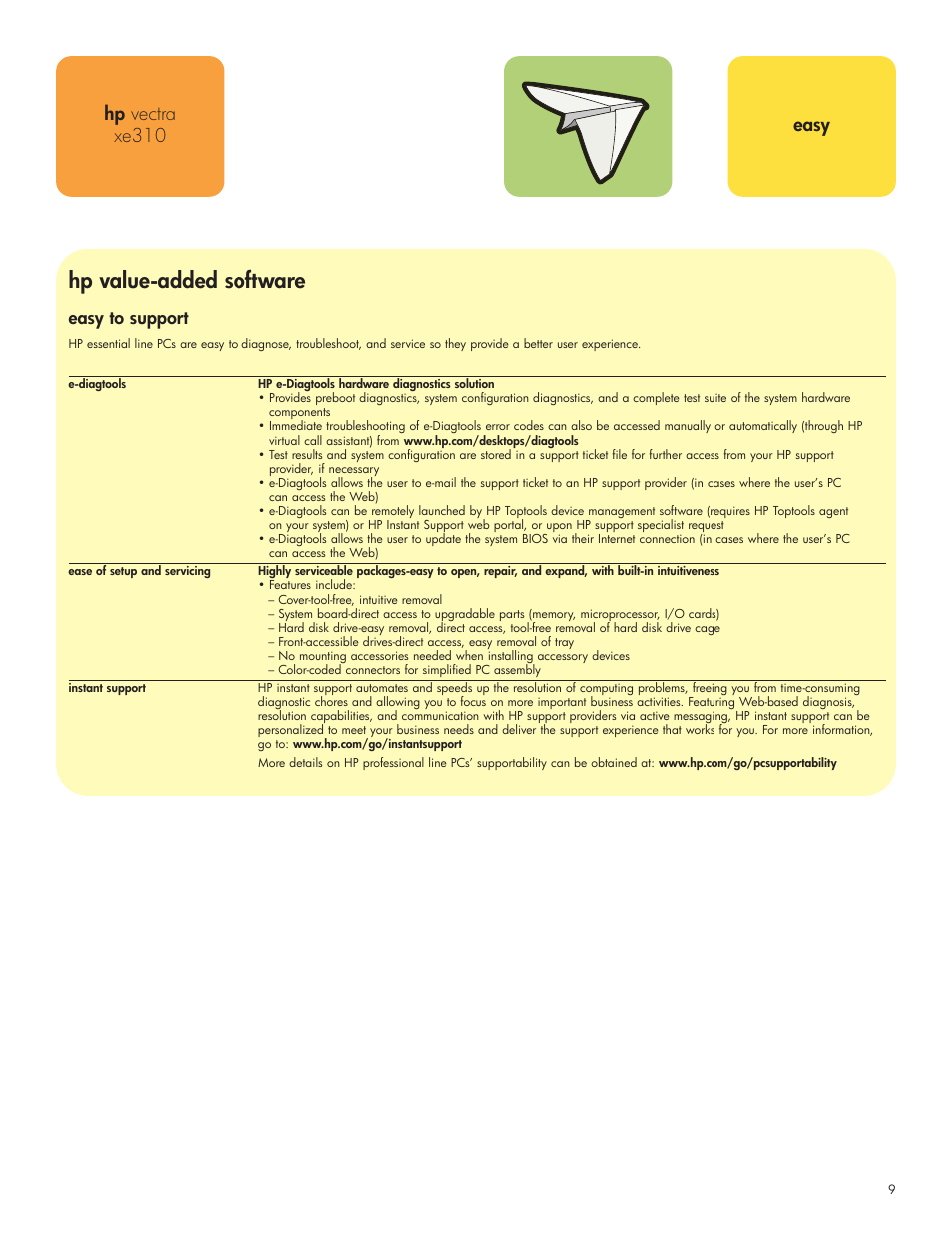 Hp value-added software, Hp vectra xe310 easy, Easy to support | HP xe310 User Manual | Page 9 / 12