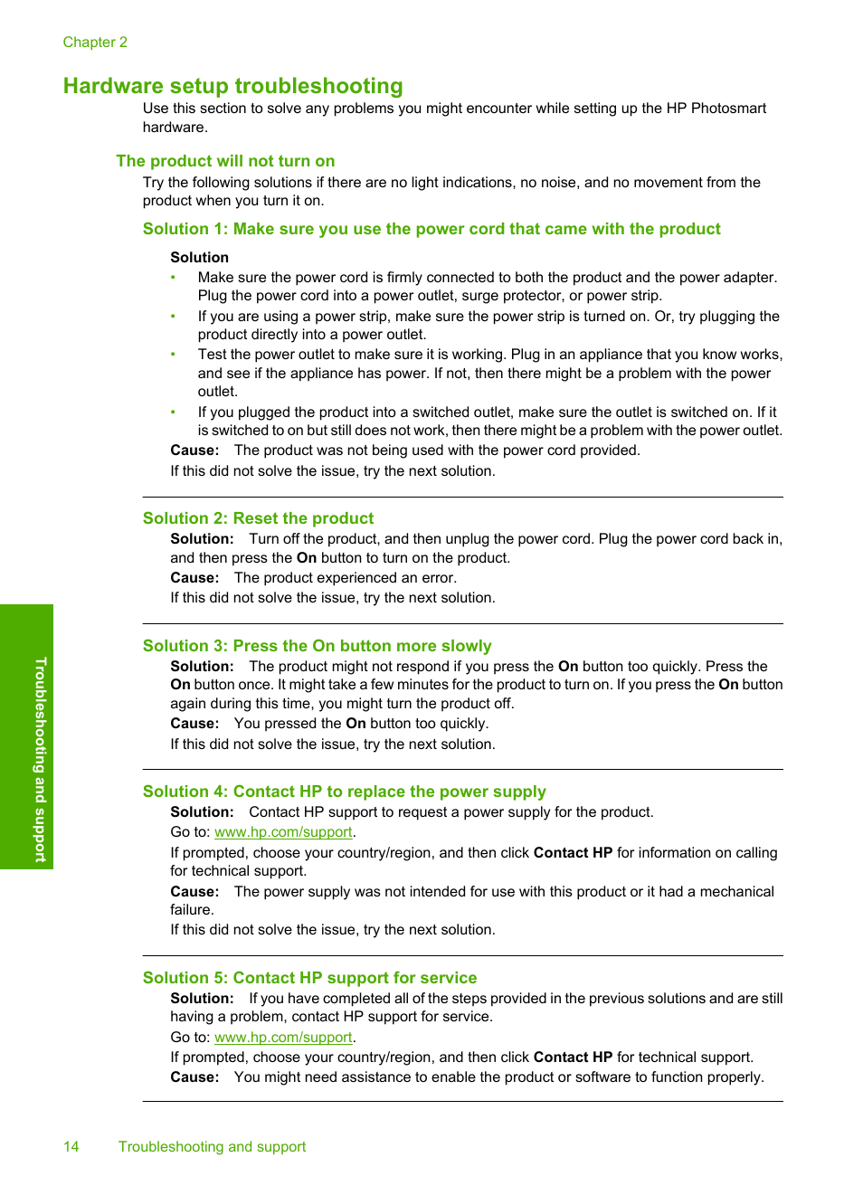 Hardware setup troubleshooting, The product will not turn on | HP Photosmart D5463 User Manual | Page 16 / 25