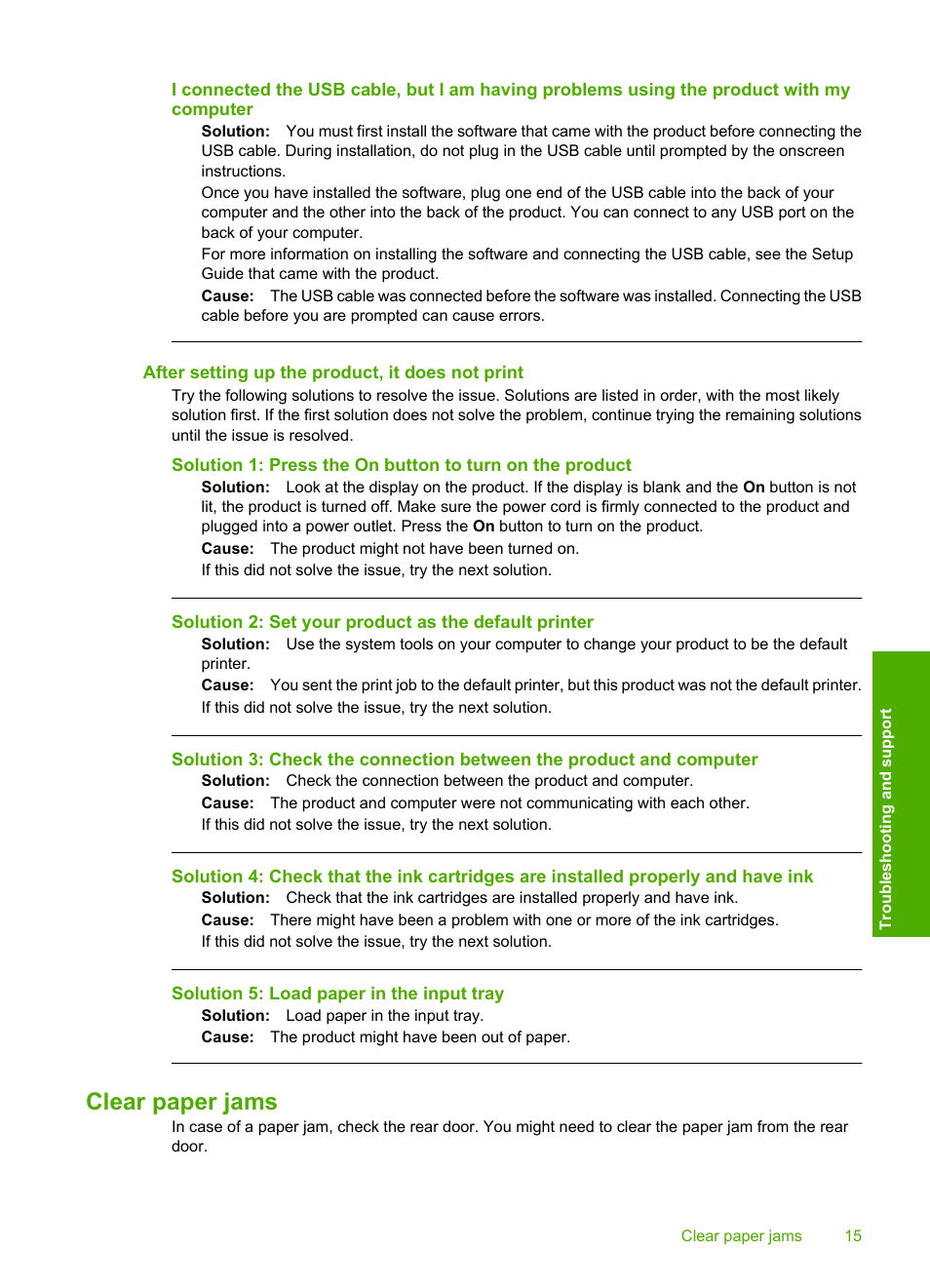 After setting up the product, it does not print, Clear paper jams | HP Photosmart D5463 User Manual | Page 17 / 25