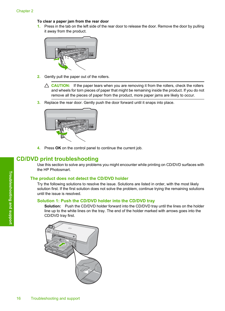 Cd/dvd print troubleshooting, The product does not detect the cd/dvd holder | HP Photosmart D5463 User Manual | Page 18 / 25