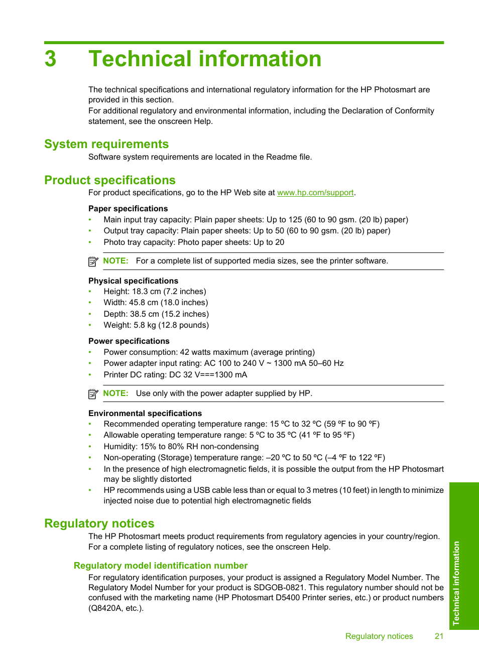 Technical information, System requirements, Product specifications | Regulatory notices, Regulatory model identification number, 3 technical information, 3technical information | HP Photosmart D5463 User Manual | Page 23 / 25