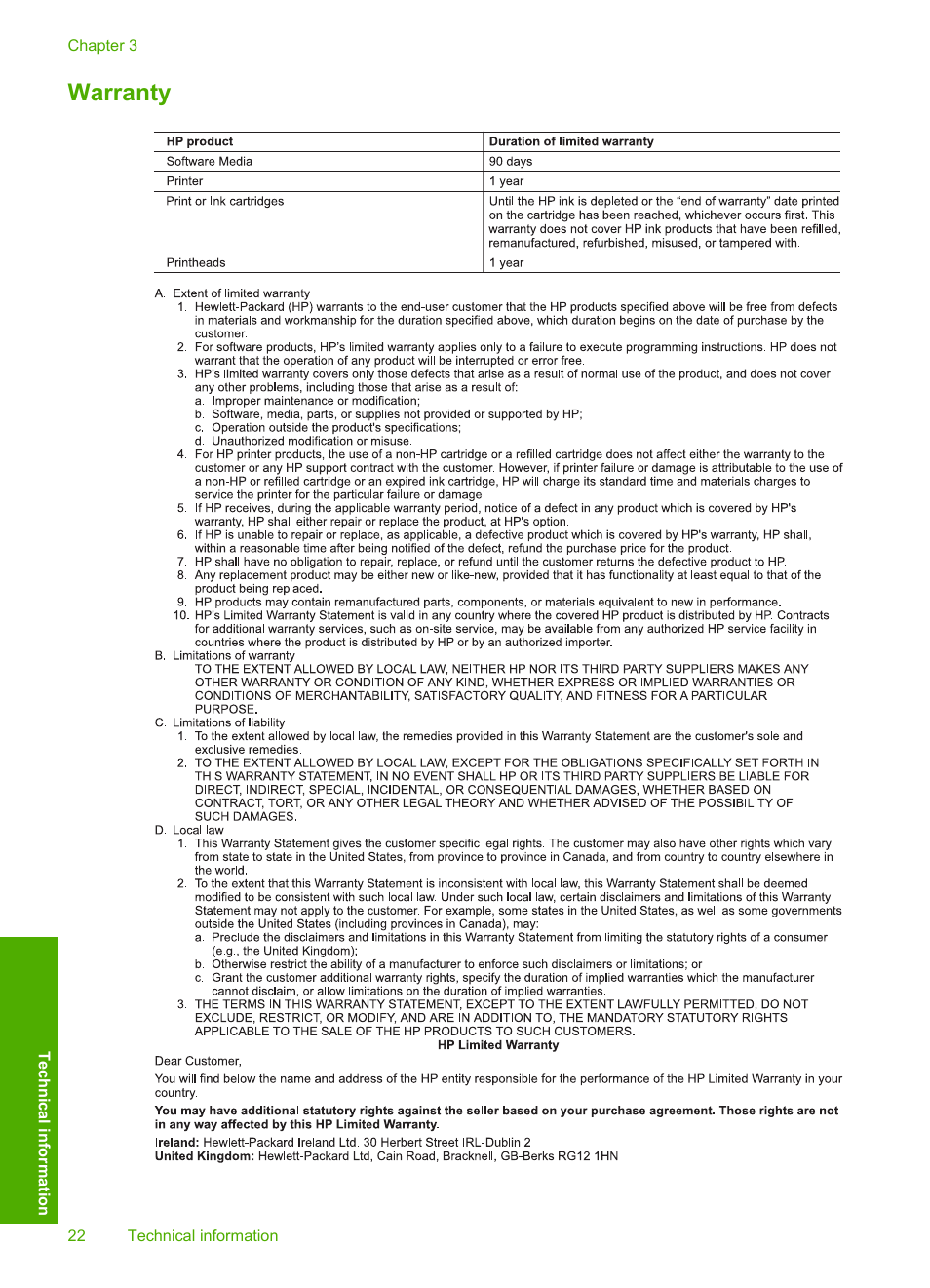 Warranty | HP Photosmart D5463 User Manual | Page 24 / 25