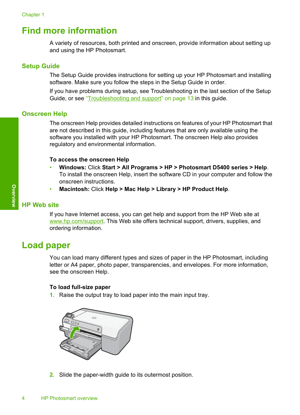 Find more information, Setup guide, Onscreen help | Hp web site, Load paper, Find more information load paper | HP Photosmart D5463 User Manual | Page 6 / 25