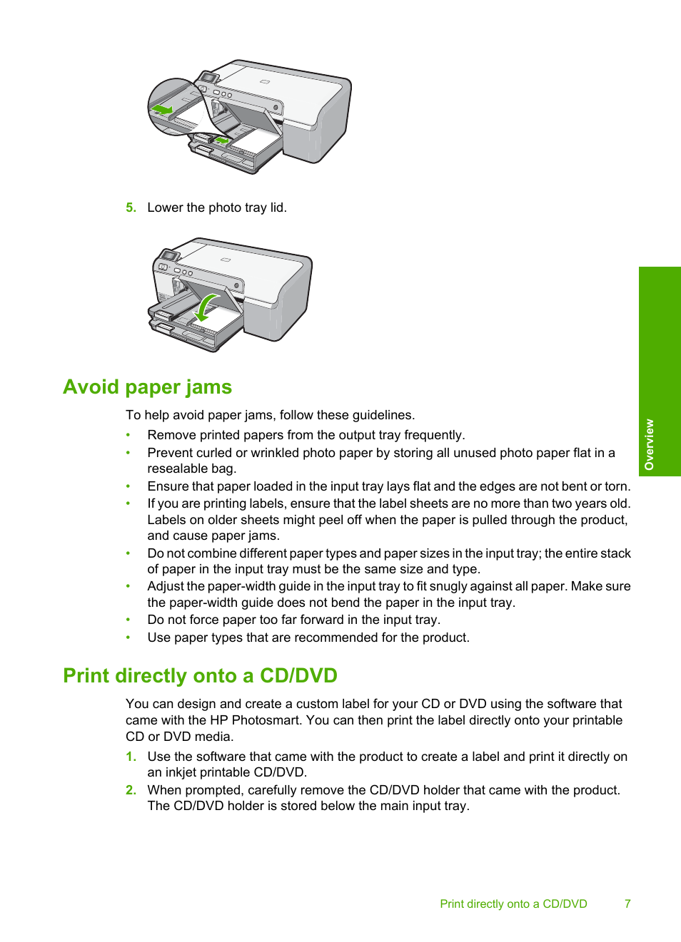 Avoid paper jams, Print directly onto a cd/dvd, Avoid paper jams print directly onto a cd/dvd | HP Photosmart D5463 User Manual | Page 9 / 25