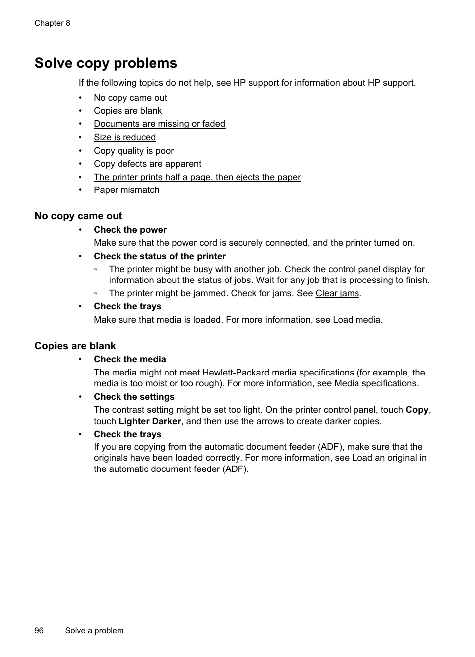 Solve copy problems, No copy came out, Copies are blank | HP 6700 User Manual | Page 100 / 226