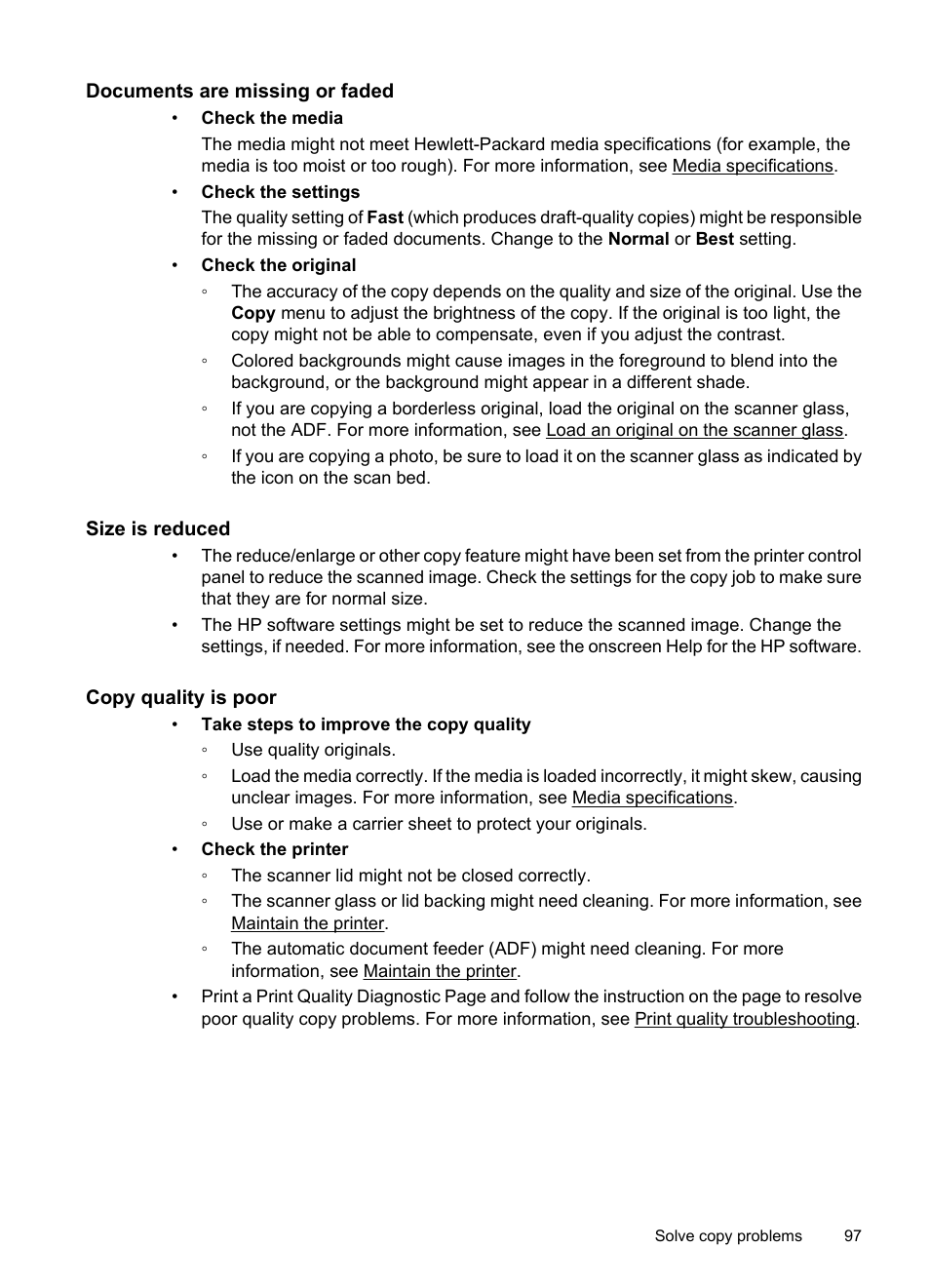 Documents are missing or faded, Size is reduced, Copy quality is poor | HP 6700 User Manual | Page 101 / 226