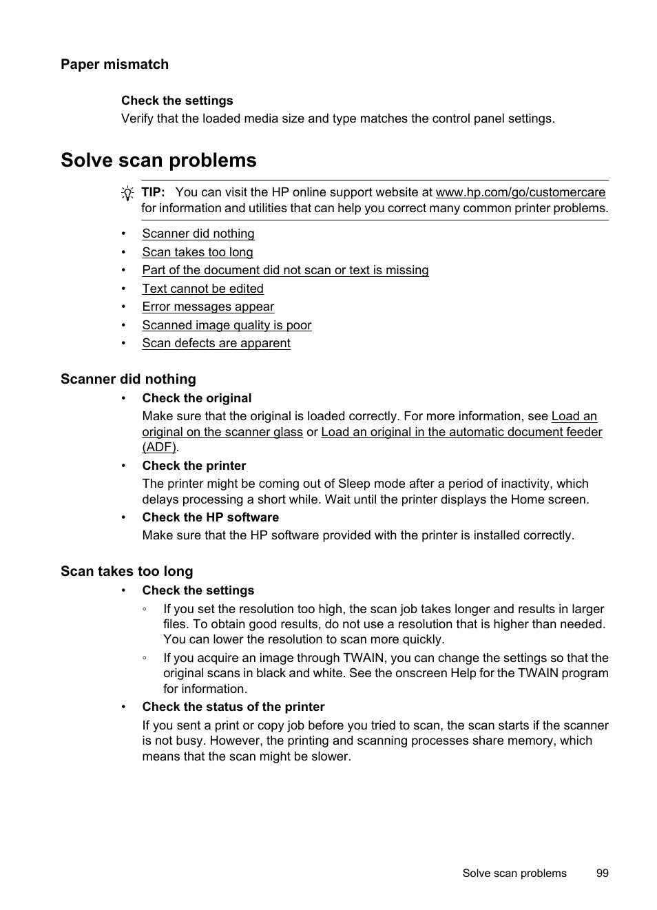 Paper mismatch, Solve scan problems, Scanner did nothing | Scan takes too long | HP 6700 User Manual | Page 103 / 226