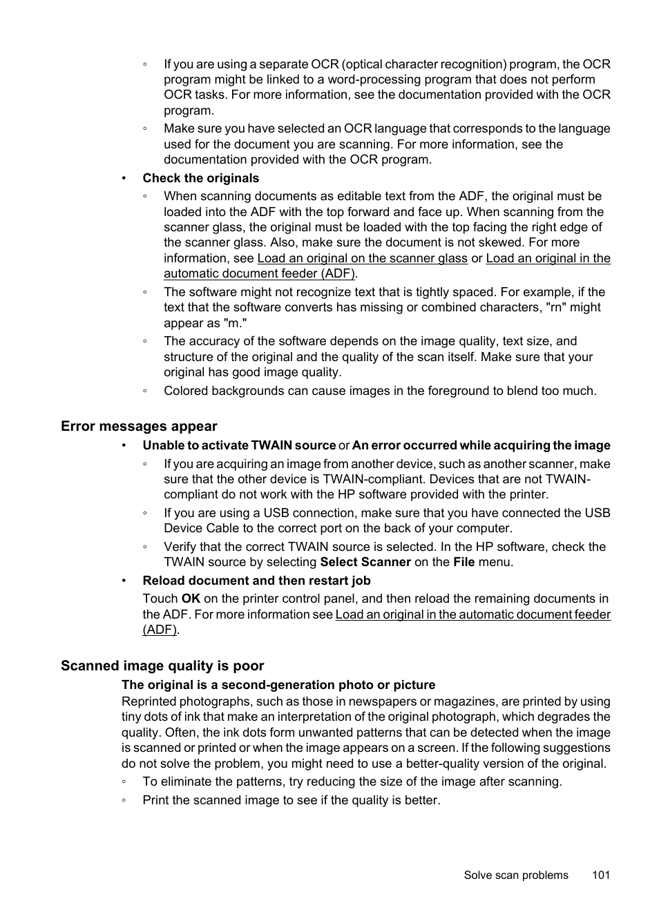 Error messages appear, Scanned image quality is poor | HP 6700 User Manual | Page 105 / 226