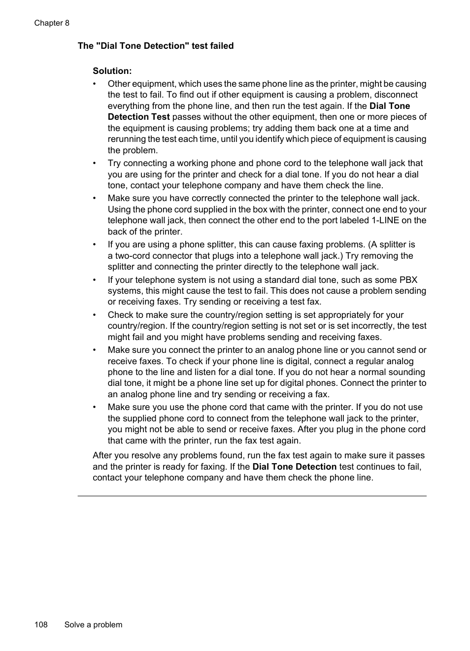 The "dial tone detection" test failed | HP 6700 User Manual | Page 112 / 226