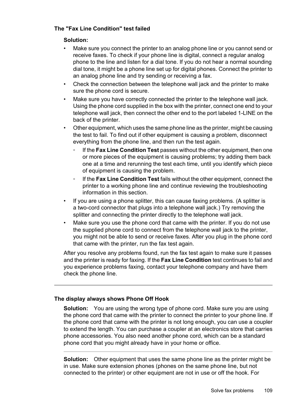 The display always shows phone off hook, The "fax line condition" test failed | HP 6700 User Manual | Page 113 / 226