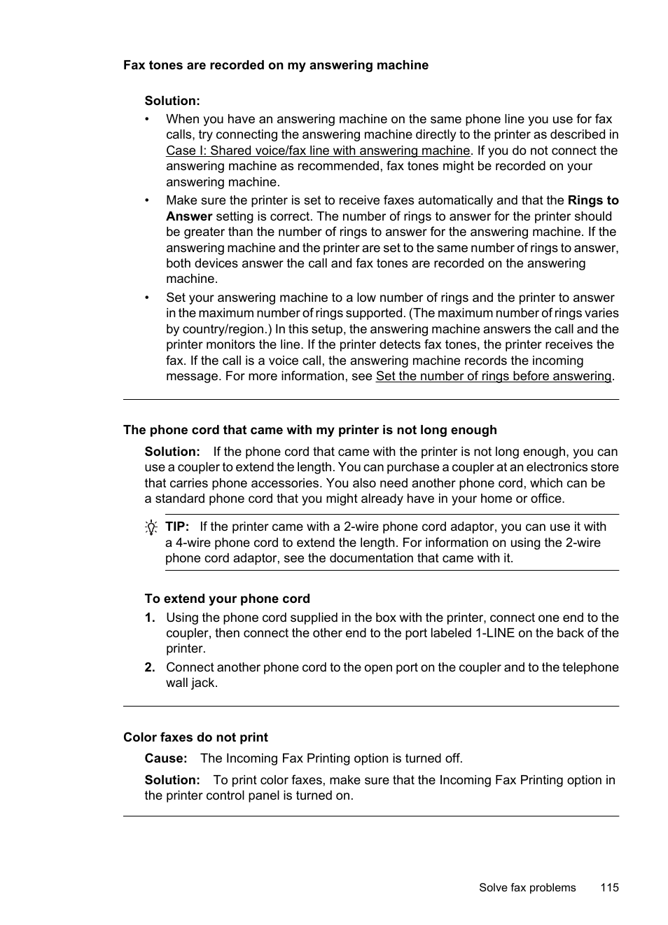 Fax tones are recorded on my answering machine, Color faxes do not print | HP 6700 User Manual | Page 119 / 226