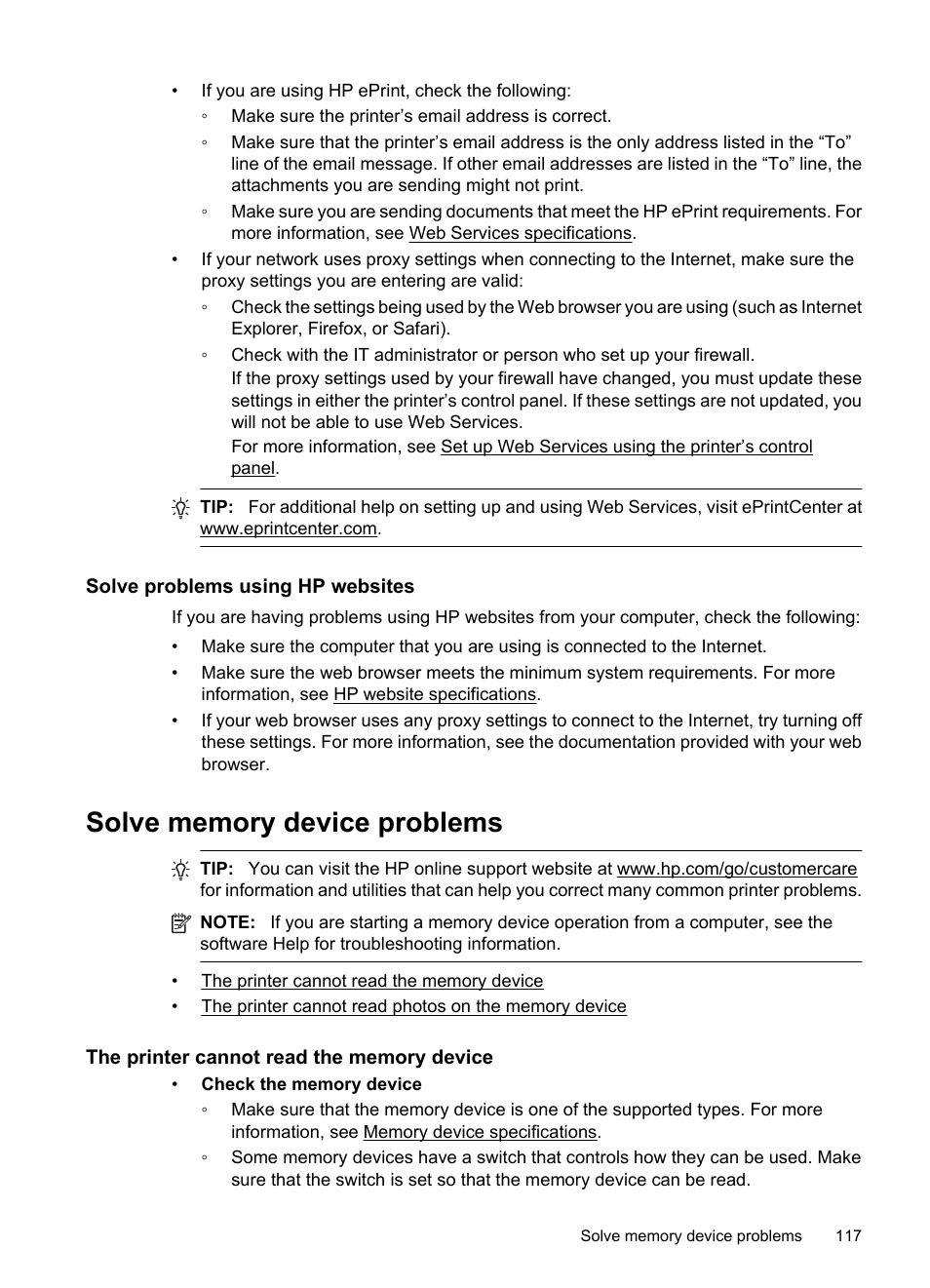 Solve problems using hp websites, Solve memory device problems, The printer cannot read the memory device | HP 6700 User Manual | Page 121 / 226