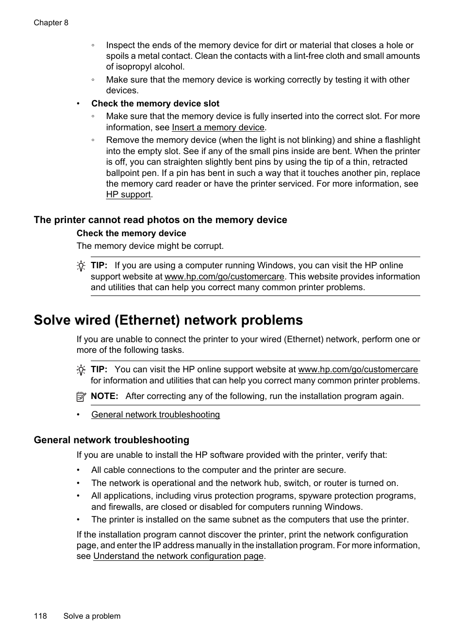 Solve wired (ethernet) network problems, General network troubleshooting | HP 6700 User Manual | Page 122 / 226